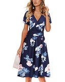 Navy Blue Floral Summer Short Sleeve V-Neck Floral Casual Ladies Dress with Pockets - OUGES | Women's Casual Dresses