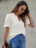 Womens Puff Sleeve Summer Tops Chiffon Short Sleeve Blouses White V Neck Pom Pom Shirts | Original Brand | Women's Tops and Blouses