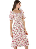 Women's Square Neck Puff Sleeves Casual Midi Smocked Floral Dress | Original Brand