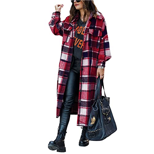 Ainangua Women's Casual Wool Blend Long Plaid Shirt Jacket Button Down Pocketed Shirt Shacket (Red, XS) | Women's Casual Dresses