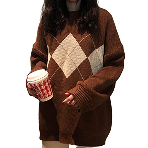 Women Geometric Pattern Argyle Pullovers Loose Oversized O-Neck Knitted Sweaters Jumper