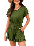 Army Green Summer Crewneck Casual Loose Short Sleeve Jumpsuit Rompers One Piece Pajamas Loungewear with Pockets - ANRABESS | Women's Romper & Jumper Suit
