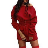 Women Dresses Promotion Sale Ladies's Solid O-Neck Long Sleeve Fleece Thick Dress+Waistband Belt Bandage Plus Size Dress Party Dress Vintage Dress UK Size S - XXXXL | Original Brand | Women's Work Dresses