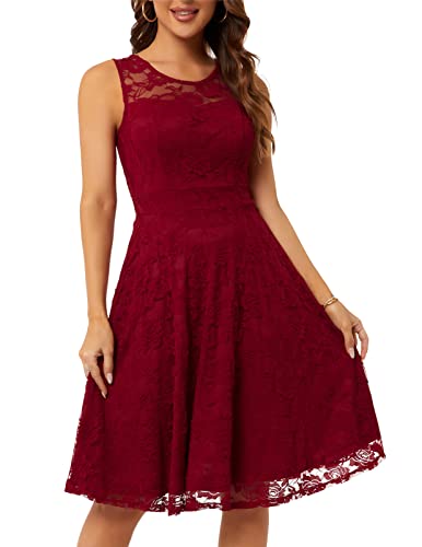 Wine Red Women's Cocktail Party Wedding Guest A Line Lace Dresses - JASAMBAC