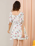 Women's Floral Printed Neck Puff Sleeve Fit and Flare A-Line Mini Dress | Original Brand