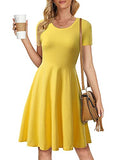Yellow Spring/Summer Casual Women Short Sleeve Round Neck A Line Fit and Flare Midi Skater Dress - HUHOT | Women's Casual Dresses
