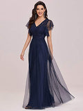 Womens V Neck Lace Sleeve A Line Formal Party Dress 0226 | Women's Lace Dresses
