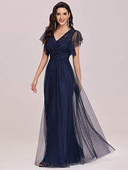 Womens V Neck Lace Sleeve A Line Formal Party Dress 0226