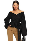 Women's Long Sleeve V Neck Ruffle Blouse Off Shoulder Tie Waist Wrap Tops | Women's Tops and Blouses