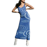 Womens Sexy Knitted Bodycon Dress Y2K Tie Dye Print Patchwork Dress Sleeveless Halter Mini Club Beach Tank Pencil Dress