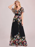 Women's Double V-Neck Ruffle Sleeves Floor-Length Chiffon Evening Party Dress  - Sara Clothes