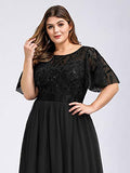 Women's Plus Size Elegant Flared Sleeve Embroidery Wedding Party Dress Black US - Sara Clothes