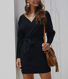 Mansy Women's Sexy Cocktail Batwing Long Sleeve Backless Mock Wrap Knit Sweater Mini Dress