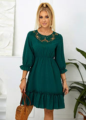 Women's Dress A-line Lace Ruffle 3/4 Sleeve Polka Dots Chiffon Casual Tunic Dress