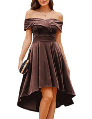 Brown Velvet Women's Off Shoulder High Low A Line Wedding Guest Party Cocktail Dress - JASAMBAC