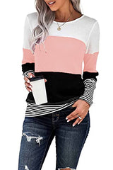 KINGFEN Womens Casual Long Sleeve Color Block Striped Round Neck T Shirts Blouses Tops