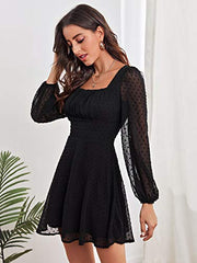 Women's Polka Dots Mesh Square Neck Bishop Sleeve Chiffon Dress