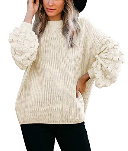 Women's Cute Oversized Crewneck Loose Puff Sleeves Chunky Knit Pullover Sweater