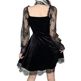Womens V Neck Velvet Lace Ruffle Gothic Punk Party Spaghetti Strap Mini Dress | Women's Lace Dresses