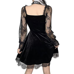 Womens V Neck Velvet Lace Ruffle Gothic Punk Party Spaghetti Strap Mini Dress