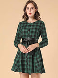 Women's Plaids Long Sleeves Button Down Belted Party Mini A-Line Shirt Dress