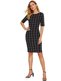 Women's Short Sleeve Plaid Grid Round Neck Elegant Sheath Pencil Bodycon Dress | Women's Work Dresses