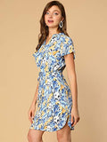 Women's Casual V Neck Flare Sleeve Drawstring Floral Dress | Original Brand