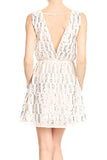 Womens Backless Sleeveless Sequin Stripe Mini Dress with Deep V Back, White | Original Brand | Women's Cocktail Dresses
