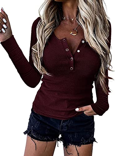 BTFBM Women Long Sleeve V Neck Button Up Solid Tops Blouses Trendy Slim Fit Lace Sleeves Ribbed Knit Casual Shirts Tunic (Solid Wine Red, Medium) | Women's Casual Dresses