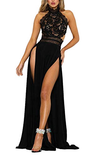 Women Sexy Floral Mesh Lace See Through Backless High Split Evening Party Maxi Dress