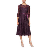 Women's Tea Length Embroidered Dress Illusion Sleeves (Petite Missy)