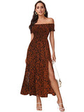 Black Coffee Women's Boho Floral Print Off Shoulder Split Long A Line Dress - Floerns | Women's Formal Dresses