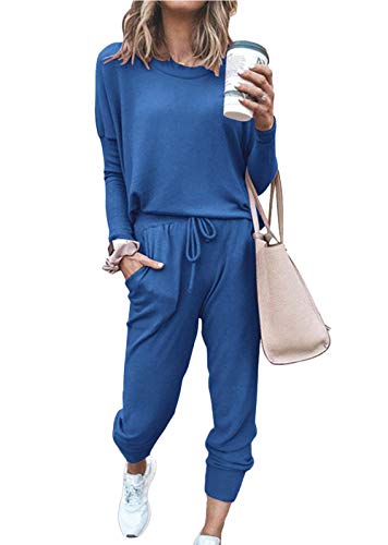 Women’s Solid Color Two Piece Outfit Long Sleeve Crewneck Pullover Tops And Long Pants Sweatsuits Tracksuits