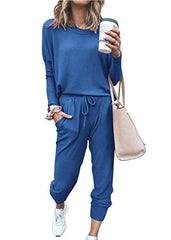 Women’s Solid Color Two Piece Outfit Long Sleeve Crewneck Pullover Tops And Long Pants Sweatsuits Tracksuits