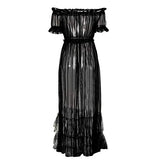 Women Sexy Lace Off Shoulder Mesh See Through Long Pleated Maxi Dress Club Party Gown | Women's Casual Dresses