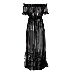 Women Sexy Lace Off Shoulder Mesh See Through Long Pleated Maxi Dress Club Party Gown