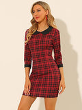 Women's Contrast Peter Pan Collar Keyhole Back Plaid Bodycon Dresses | Women's Work Dresses