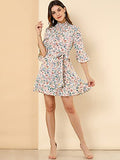 Women's Floral Smocked High Neck 4-Mar Bell Sleeve Belted Flare Ruffle Dress