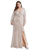 Women's Long Sleeve Plus Size Sequin Gowns Side Split Evening Dress 0824