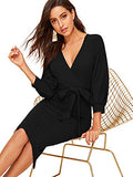Women's Plunging V Neck Bishop Sleeve Bodycon Belted Dress | Women's Work Dresses