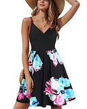 Floral Black V Neck Floral Spaghetti Strap Summer Dress Casual Swing Midi Sundress with Pocket - STYLEWORD | Women's Casual Dresses