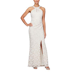 Womens Long Crepe Dress With Embellished Halter Neckline