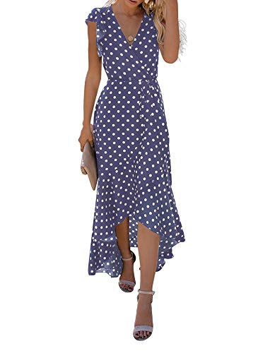 Polka Dots Purple Gray  Women's Summer Floral Print Cross V Neck Dress Bohemian Flowy Long Maxi Dresses - GRECERELLE