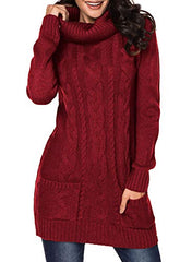 Itsmode Women's Jumper Dress Elegant Knitted Dress Casual Long Sleeve Winter Dress Plain Turtleneck Jumper Mini Dress Elegant Warm Wrap Dress | Women's Casual Dresses