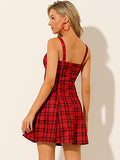 Women's Plaid Zipper Front Strap Sleeveless Tube Mini Party A-Line Dress