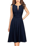 Navy Blue And White Striped Womens Elegant Front Zipper Slim Work Business Office Party Cocktail A-line Dress Vfshow