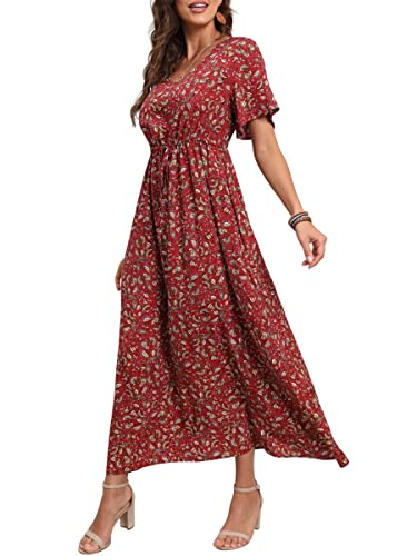 Cockscomb Red Summer Maxi Boho Beach Dress Floral Print Dress V Neck Short Sleeve Drawstring High Waist Flowy Long Midi Dresses - GRECERELLE