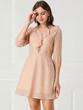 Women's 3/4 Sleeve Elastic Waist A-line Ruffle V Neck Shiny Heart Print Chiffon Dress