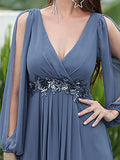 Women's A-line Long Sleeve V-Neck Chiffon Mother of The Bride Dress  - Sara Clothes