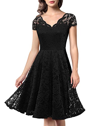 Women's Vintage Floral Lace Bridesmaid Dress V Neck Wedding Party Cocktail Dress